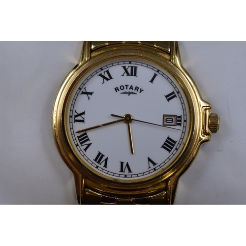 85 - A Rotary Gold Plated Day/Time Quartz Watch, In Presentation Box. Working