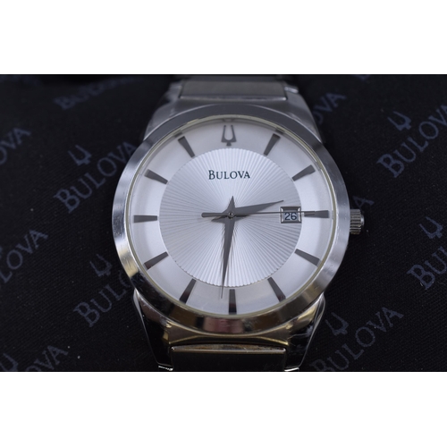 86 - A Bulova Silver Tone Day/Time Gents Quartz Watch, In Presentation Box. Working