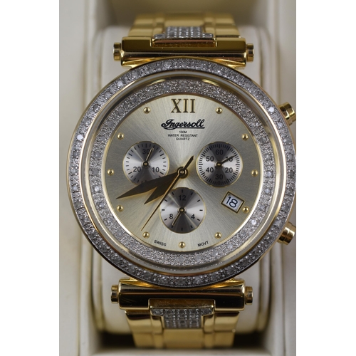 87 - An Ingersoll Diamond Gold Tone Chronograph Quartz Watch, In Presentation Box. Working