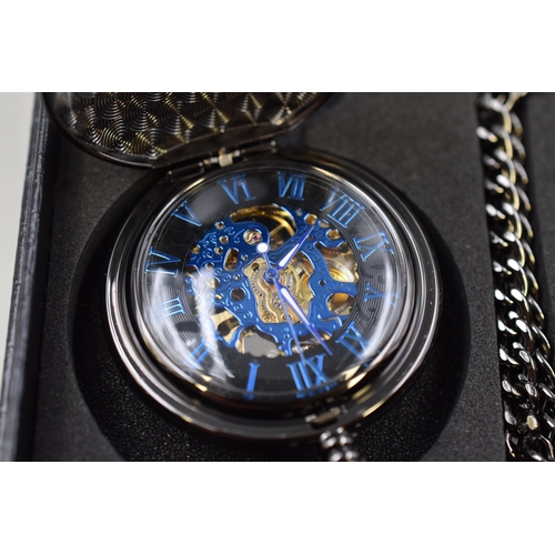 99 - TREEWETO Double Case Engraving Skeleton Dial Retro Mechanical Pocket Watch with Presentation Box