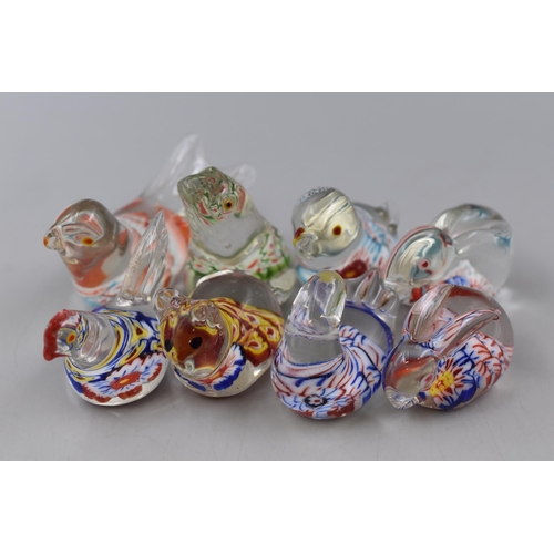 226 - A Selection of Eight Millefiori Glass Animals. To Include Frogs, Bird, Rabbit, And More