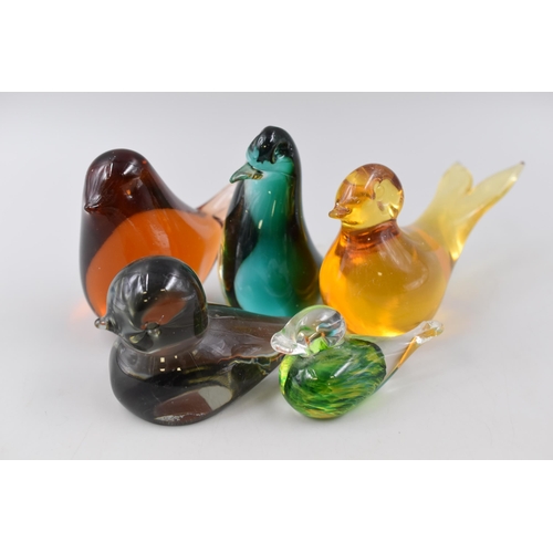 227 - Five Coloured Art Glass Bird Paperweights