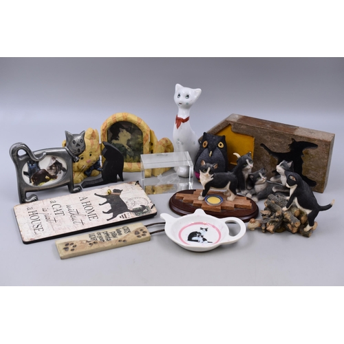 239 - Selection of Cat Related Figures, Picture Frames, Arrow Sign and More