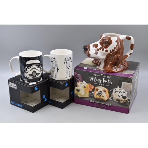 246 - Three Boxed Collectable Mugs To Include Mug Tails Spaniel, And Two Star Wars Stormtrooper Mugs