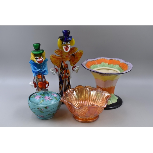 248 - A Mixed Selection To Include Two Murano Clowns (One AF), Carnival Glass Bowl, Alfred Meakin Glo-Whit... 