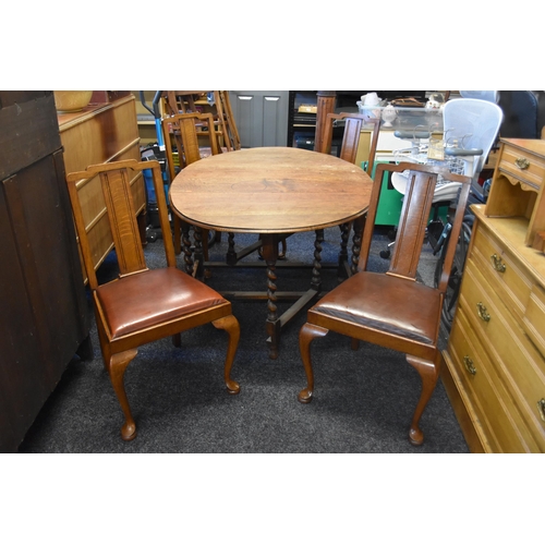 520 - Vintage Solid Oak Drop Leaf Table and Four Very Nice Quality Matching Walnut Dining Chairs, Table wi... 