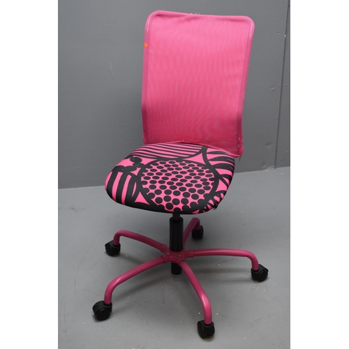 526 - Two office chairs, one purple and wood with leather seat and one pink and mesh with cushion fabric s... 