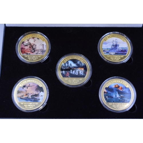 164 - A Set of Five Limited Edition 24ct Gold Plated Pearl Harbour Commemorative Coins, In Presentation Bo... 