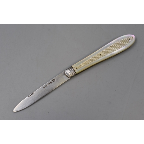 32 - Victorian Hallmarked Silver Pocket Knife with Mother of Pearl Handle