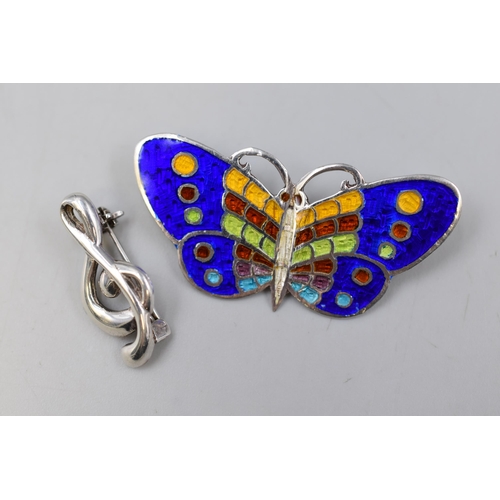 39 - Two Silver 925 Brooches. Butterfly & Musical Note.