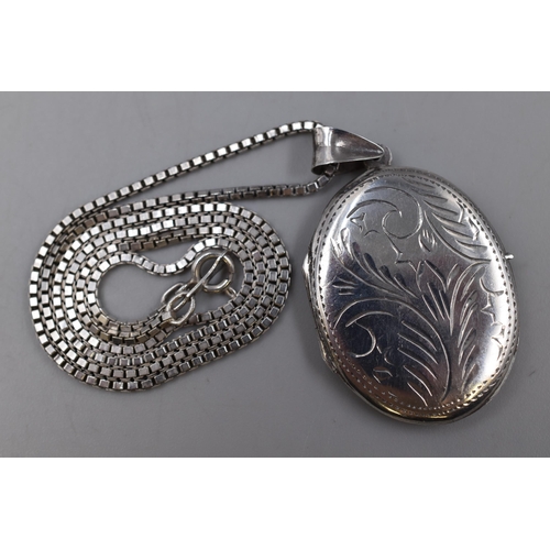 41 - Silver 925 Engraved Oval Locket Necklace Complete in Presentation Box