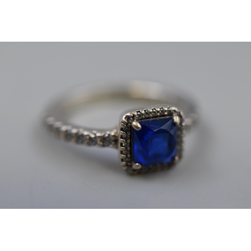 46 - Pandora Blue Halo Square Timeless Ring (Size 50) Complete with Presentation Box