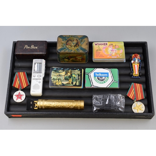 183 - Mixed Selection including Russian Medals, Bakelite Pin Box, Vintage Phone Cards, Sony Recorder and M... 