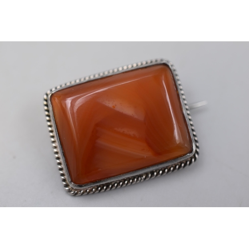 62 - Silver Carnelian Agate Brooch (Unmarked) Complete with Presentation Box