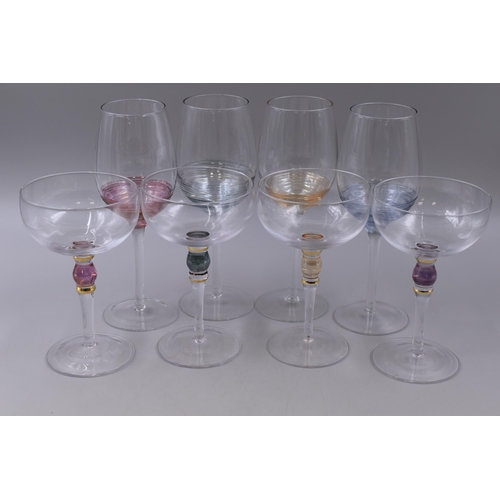 249 - Two Sets of Four Champagne/Wine Glasses. Includes Clear, Gold Gilt, And Coloured Glass Champagne Gla... 