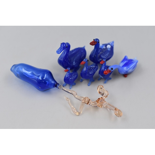 202 - Set of Six Miniature Blue Glass Bohemia Style Geese, AF