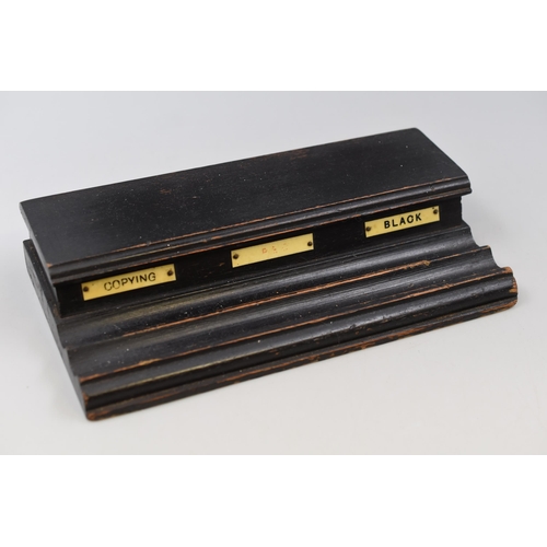 209 - A Vintage Ebonised Oak Desk Inkwell With Three Wells (Black, Red, And Copy), And Ceramic Inserts. Ap... 