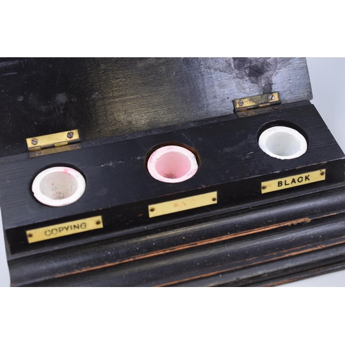 209 - A Vintage Ebonised Oak Desk Inkwell With Three Wells (Black, Red, And Copy), And Ceramic Inserts. Ap... 