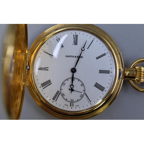 97 - A Mappin & Webb 17 Jewels Half Hunter Gold Plated Pocket Watch, With T-Bar Chain. In Working Ord... 