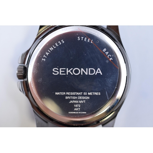 99 - A Sekonda Black Dial and Strap With Orange Accents Gents Quartz Day/Date Watch, Working