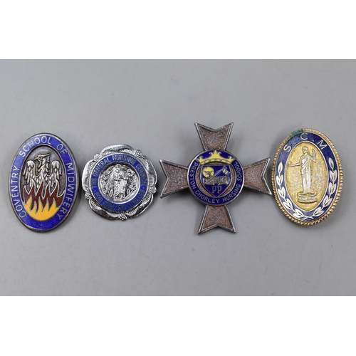 214 - Four Nursing Badges including two Hallmarked Silver