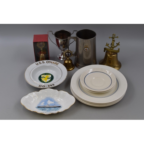 308 - Selection of Nautical Memorabilia including SS Canberra Brass Bell, SS Ortranto Trophy, RMS Queen El... 