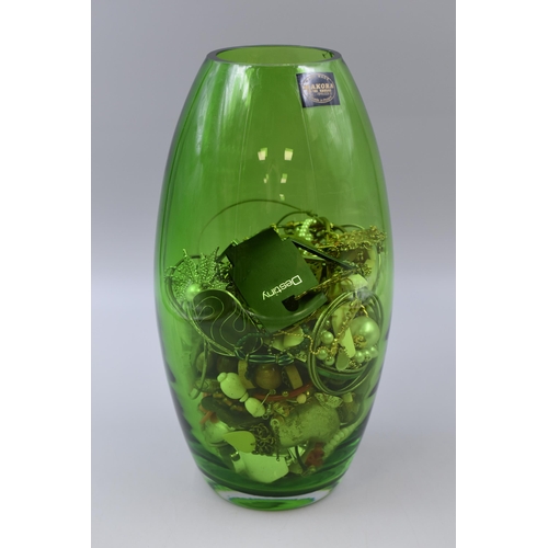 401 - A Designer Makora Polish Green Glass Vase, Containing a Selection of Unsorted Jewellery. Vase is App... 