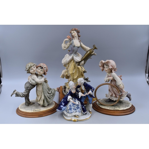 Three Capodimonte Figures on Wooden Bases, With Blue and White Georgian Style Figure. AF, Tallest Approx 35cm Tall