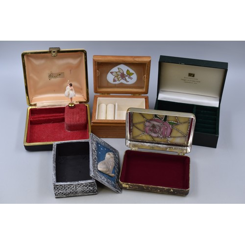 414 - A Selection of Five Jewellery Boxes To Include 'Sovereign', Walnut, Musical (AF), And More