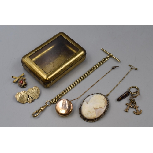 136 - A Selection of Antique Rolled Gold Jewellery To Include Retractable Chain, Cameo Brooch, T-Bar Chain... 