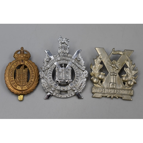 242 - Three Military Cap Badges To Include Tyneside Scottish, King's Own Scottish Borderers, And Westmorla... 