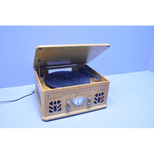 454 - A Vintage Style Wood Cased Music Station (CD, FM, Tape, And Record Deck), Powers On When Tested