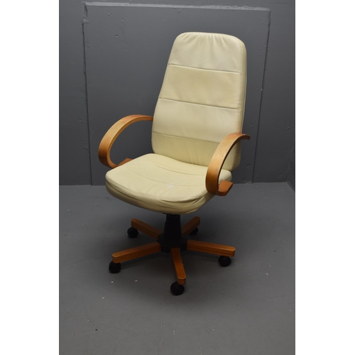 475 - Nice Quality Cream Leather Clad Office Raiser Chair with Bentwood Arms sitting on Castors ***NO POST... 