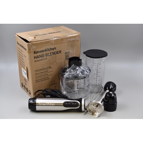 496 - New, Boxed, Hand Blender by Bonsenkitchen, Model HB3203, 2 Speed With Accessories, Unchecked