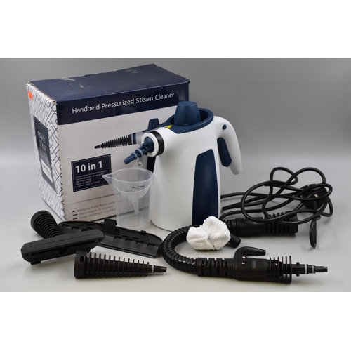 599 - Brand New Boxed Hand Held 10 In 1 Pressurized Steam Cleaner complete with Attachments, Powers on whe... 