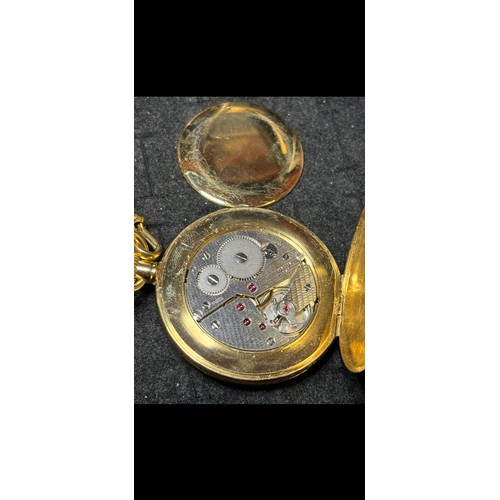 97 - A Mappin & Webb 17 Jewels Half Hunter Gold Plated Pocket Watch, With T-Bar Chain. In Working Ord... 