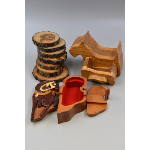 205 - Three Wooden Items To Include Natural Wood Coaster Set, Terrier Trinket Box, And Puzzle Trinket Box