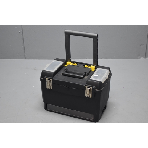 581 - Black toolbox with a foldable carry handle with 2 compartments on the lid and a shelf inside the too... 