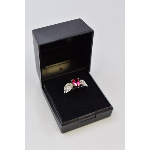 1 - Silver 925, Pink and Clear Stoned Ring, Size Q, Complete with Presentation Box