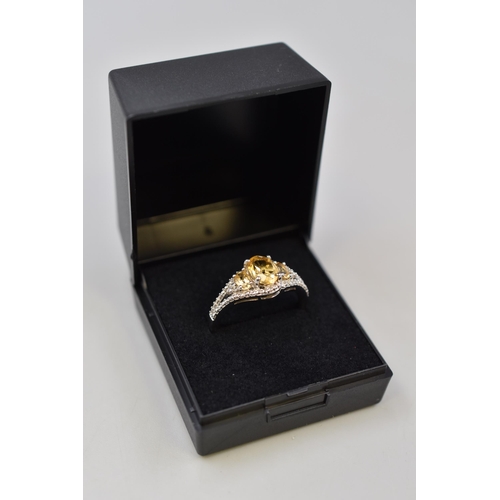 20 - Silver 925, Yellow stoned ring, Size T, Complete with Presentation Box
