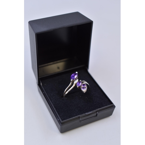 24 - Silver 925 Purple Stoned Ring, Size T, Complete with Presentation Box