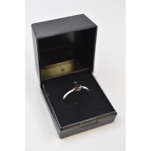 30 - Silver 925 RedStoned Ring, Size R, Complete With Presentation Box