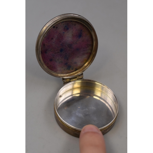 45 - Silver Birmingham Hallmarked Enameled Pill Box with Internal Picture Holder Ring by Henry Clifford D... 