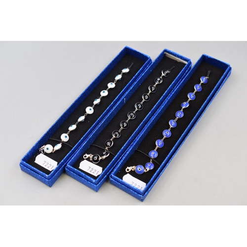 85 - Three Silver 925 Evil Eye Good Luck Bracelets in Various Colours, Complete with Presentation Boxes