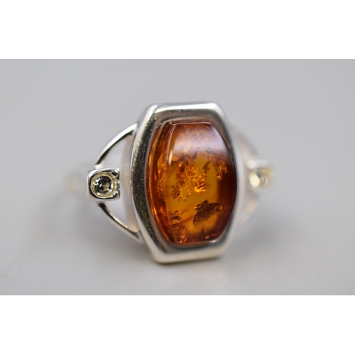 13 - Silver 925 Amber Ring, Size L, Complete with Presentation Box