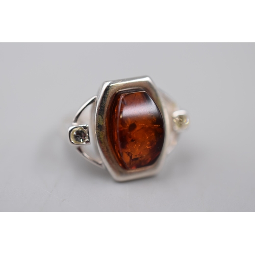 29 - Silver 925 Amber Stoned Ring, Size J, Complete with Presentation Box