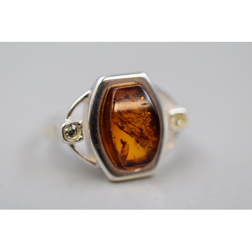 37 - Silver 925 Amber Ring, Size Q, Complete with Presentation Box