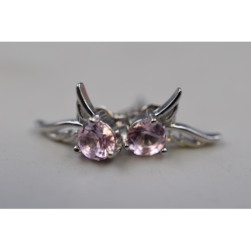 64 - Sterling silver new pink crystal angel wing, stud earings, boxed