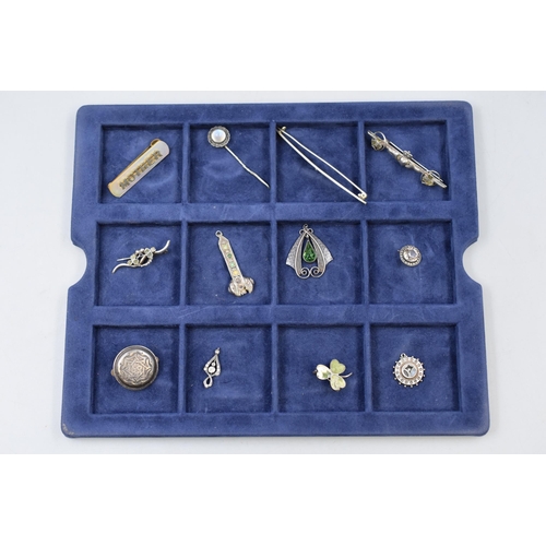 206 - Selection of Vintage Silver Brooches, Pendants and Tie Clips