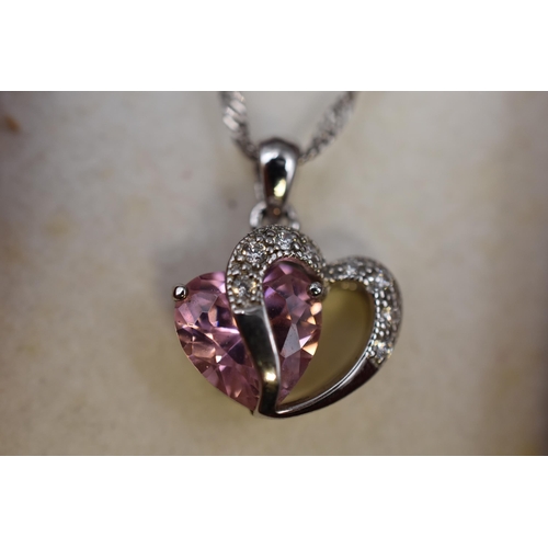 71 - A 925. Silver Twisted Chain Necklace With 925. Silver Pink and Clear Stoned Loveheart Pendant, In Pr... 